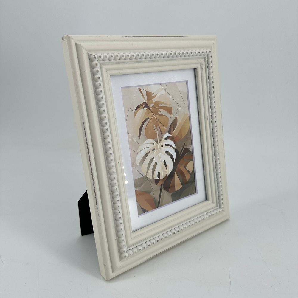 Cream Beaded Picture Frame with Botanical Monstera Print 4x6 Tabletop Wall Decor